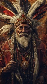 Elder tribal chief stands in ornate feathered headdress
