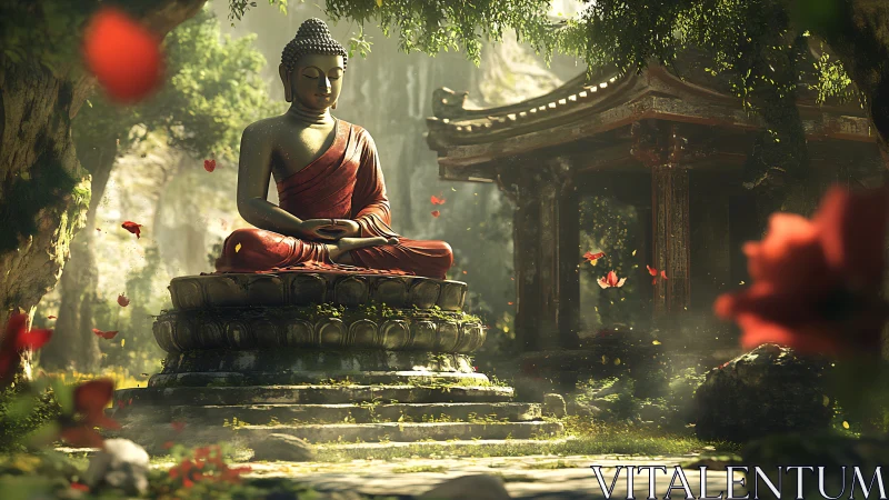 Meditative stone Buddha in volumetric forest light temple garden.