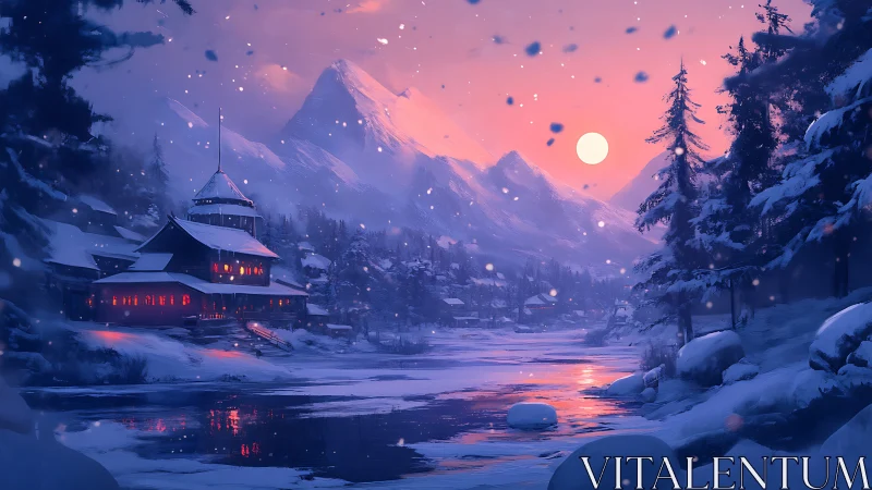 Winter lodge beside reflective river under alpine twilight sky