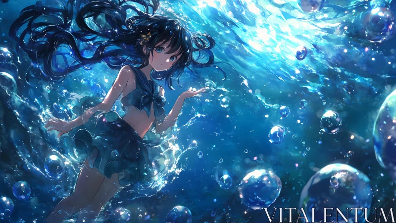 Girl in stylized underwater scene with bubbles suspended.