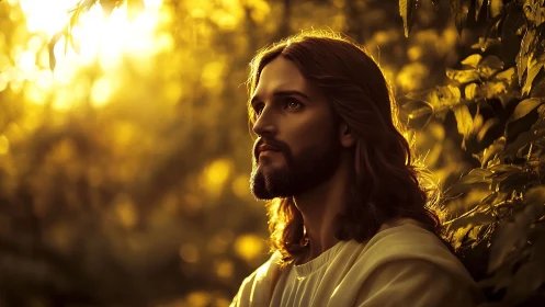 Radiant robed figure gazes heavenward in golden sunset forest.