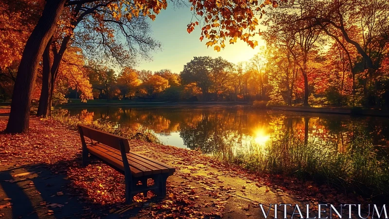 Sunlit park bench beside reflective autumn lakeside path.