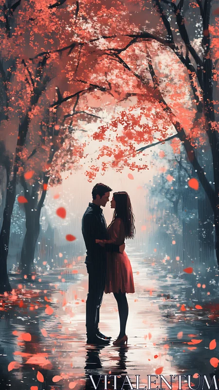 Two Figures Under Burning Trees in Rain.