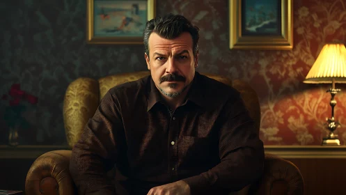 Middle-aged man in warm, vintage-lit living room interior.