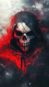 Crimson hooded skull rising through swirling stormlight.