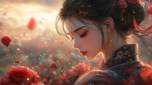 Side-profile portrait shows digital woman amid red roses