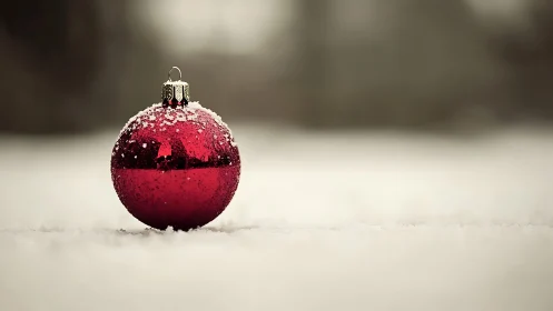 Solitary crimson bauble resting softly in winter hush.