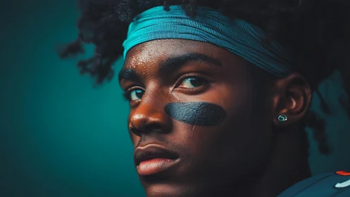 Close portrait of football player with eye black and headband.