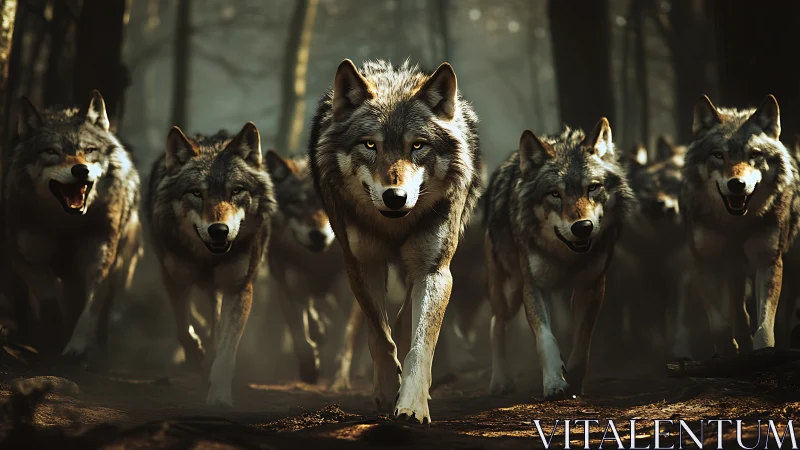 Wolf pack advancing through dim forest environment.