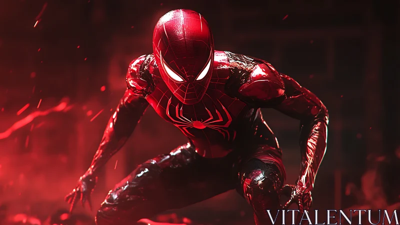 Red-suited masked figure crouches in high-contrast red light