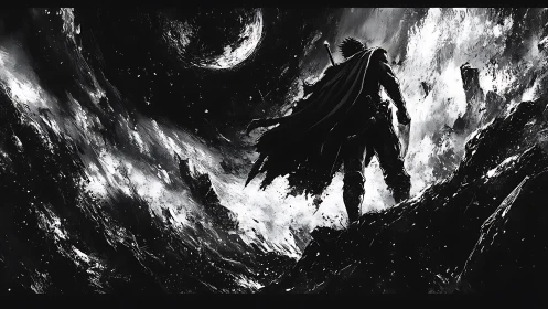 Lone sword warrior surveys storm-torn monochrome abyss.