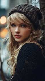 Young woman in knitwear rendered with soft bokeh lighting