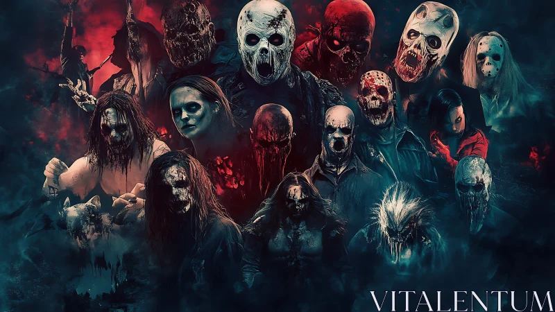 Horror collage of masked and decayed humanoid figures.