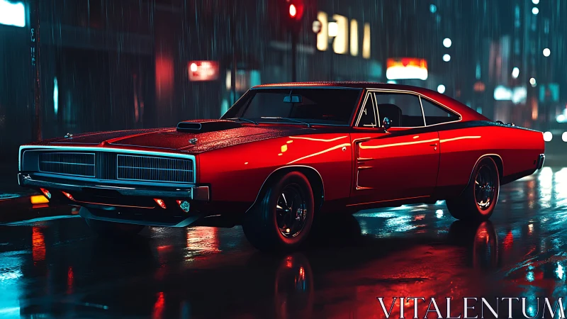 Red muscle car glows against neon city streets in rain
