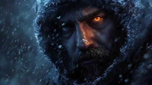 Lone warrior’s burning gaze cuts through a frozen blizzard