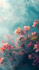 Coral Flowers Against Turquoise Mist.