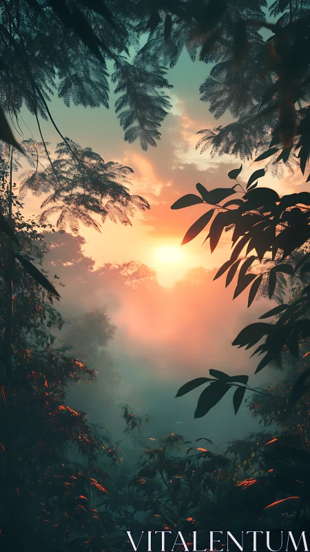 Tropical Rainforest Sunset Through Canopy Silhouettes.