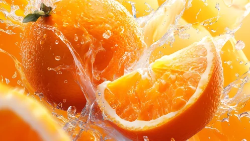 Juicy orange slices splashing in clear water close up.