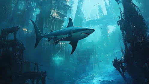 Macro shark traversal through submerged megastructure ruins.