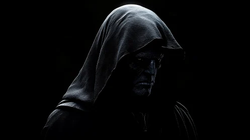 Dark hooded figure in dramatic low key portrait lighting.