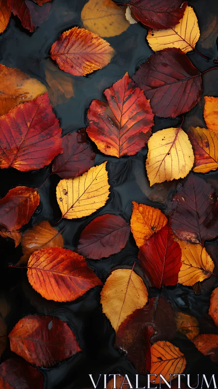 Crimson leaves drift slowly across inky autumn water