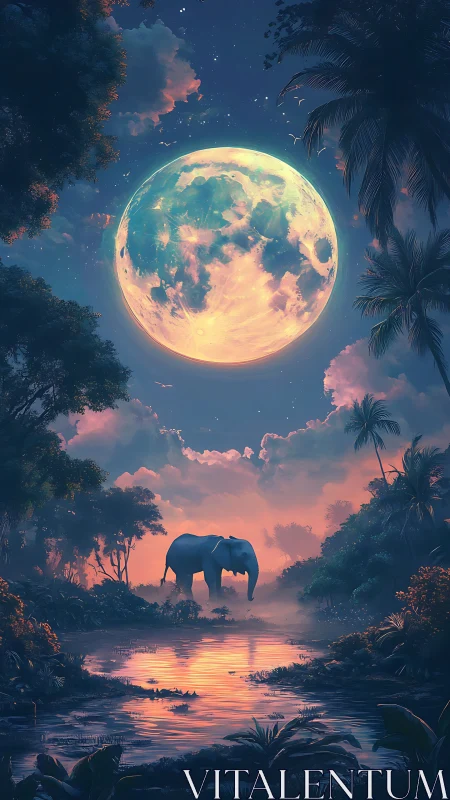 Majestic elephant crosses a moonlit jungle river at dusk