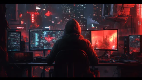 Midnight code-wielder bends a neon city through glowing screens