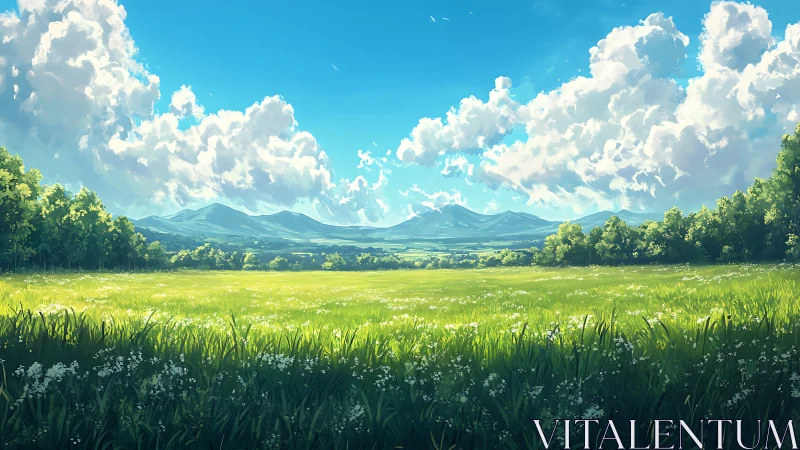 Sunlit meadow opens toward distant blue mountains and clouds