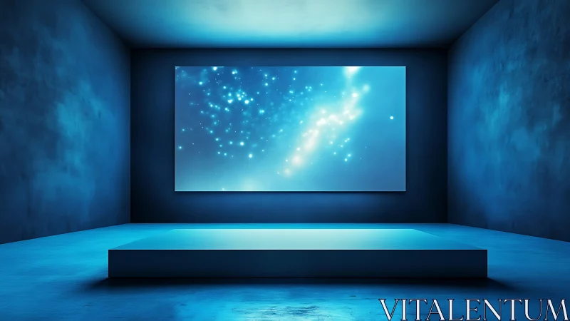 Immersive blue gallery with luminous nebula display