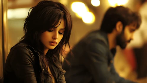 Pensive woman in leather jacket with blurred man, cinematic mood.