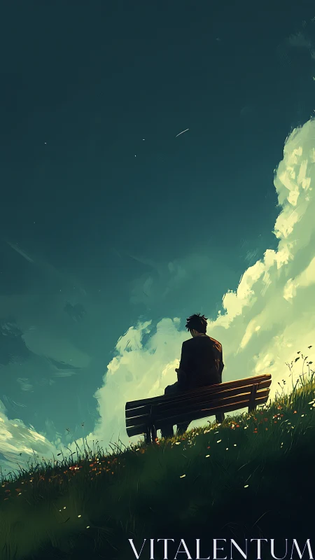 Solitary figure studies twilight sky from hilltop bench