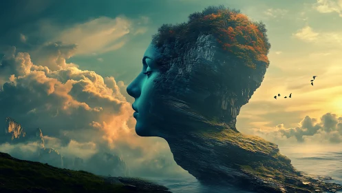 Surreal coastal rock portrait merging visage and forest.