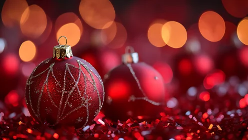 Red glass baubles on tinsel with defocused light bokeh.