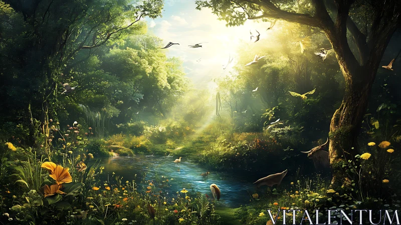 Lush forest stream with sunlight rays and flying birds