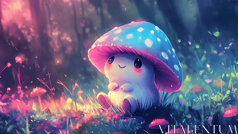 Cartoon mushroom creature in colorful forest clearing.