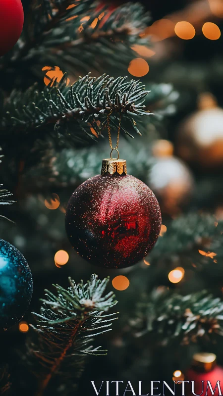 Red glass ornament hangs on fir branch with defocused lights
