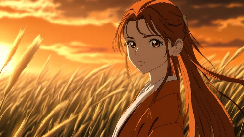 Sunlit anime heroine stands in glowing wheat field at dusk.