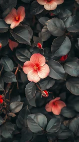 Coral hibiscus blooms with dark foliage in moody botanical arrangement