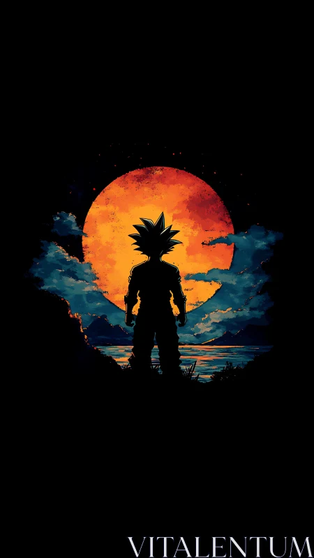 Silhouetted spiky haired figure before large orange sun.