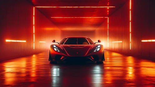 Midnight supercar glowing in a neon-lit tunnel of firelight.