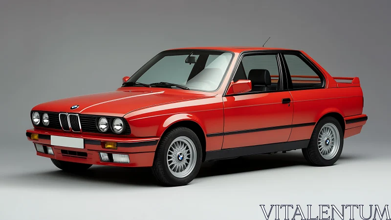 Crimson classic coupe idling like a poised autobahn heartbeat.