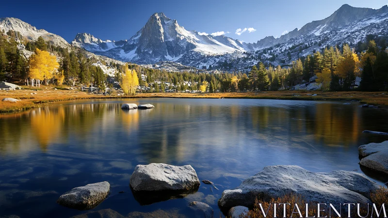 Alpine lake reflection under autumn aspen and granite peaks.
