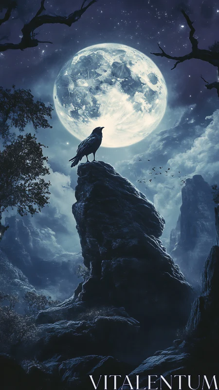 Moonlit raven keeping quiet watch over a dreamy night sky.