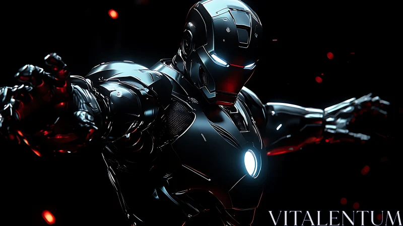 Futuristic black armored mech in dynamic combat pose.