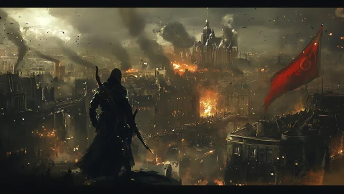 Hooded rebel surveys burning steampunk city in smoky dusk.