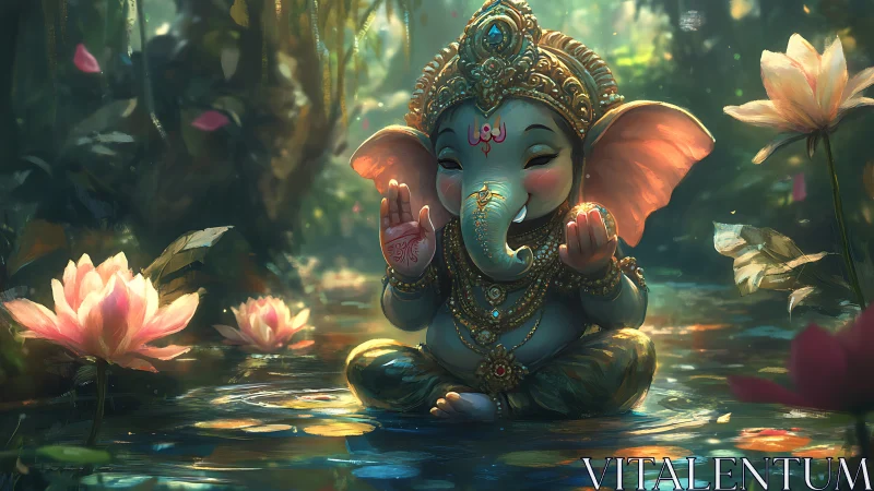 Divine elephant child meditates amid glowing lotus pond