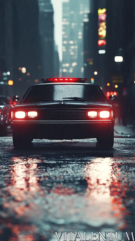 Rain-slicked patrol car prowls through neon-soaked night streets.