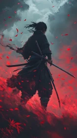 Digital painting samurai silhouette amid crimson stormscape.
