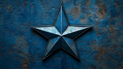 Embossed metallic star emblem on textured distressed blue panel