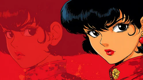 Red-lit anime heroine portrait with bold mirrored profile.